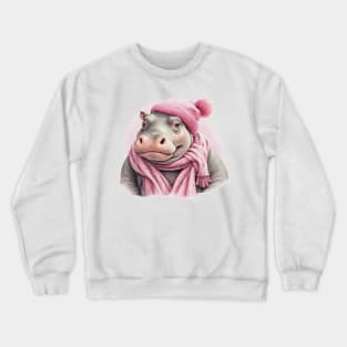 Adorable cute Hippo wearing a pink hat and scarf Crewneck Sweatshirt